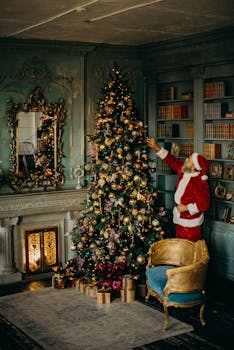 Santa Claus decorates a Christmas tree in an elegant living room, reflecting festive cheer.